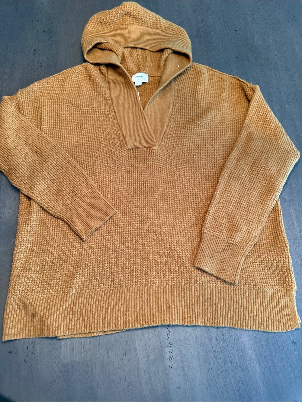 aerie Honey Tan V-Neck Hooded Knit Sweater